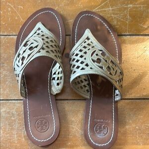 Tory Burch Tan Sandals with Perforated Leather Design